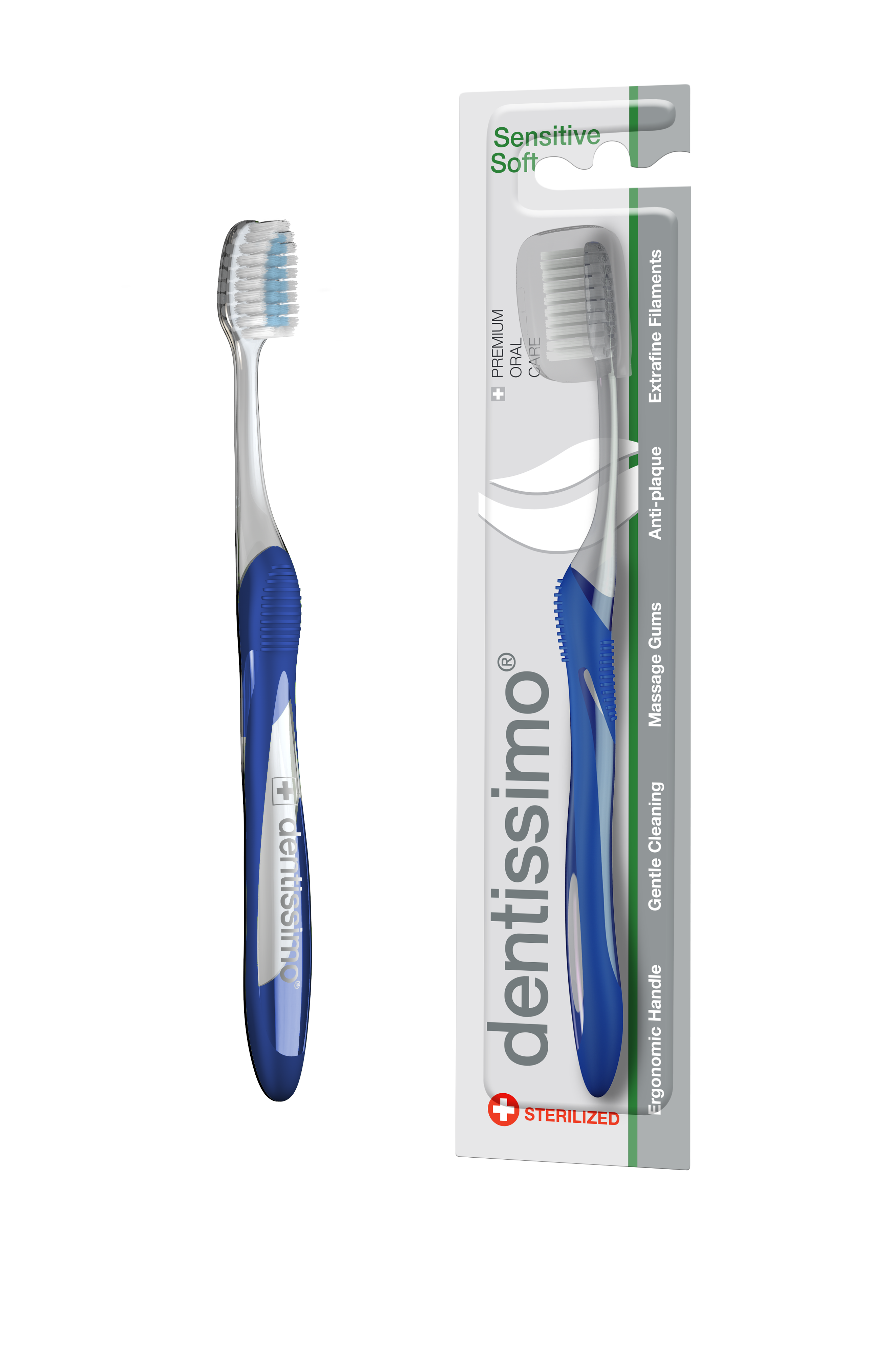 Zubní kartáček na čištění mezizubních prostor a masáž dásní, měkký, modrý, Dentissimo®